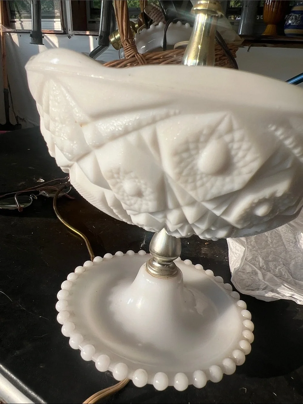 Retro White Milk Glass Pedestal Lamp and Bowl Accent